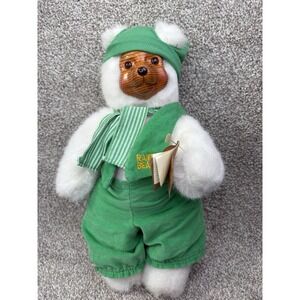 Vintage Robert Raikes Wooden Face Bear Green Elf‎ Raikes Bears 1989 Signed
